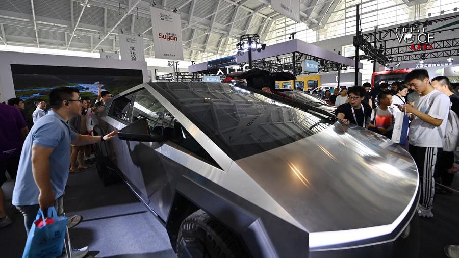 Des gens visitent le stand de Tesla à la World Intelligence Expo 2024 à Tianjin, dans le nord de la Chine, le 22 juin 2024. /Xinhua