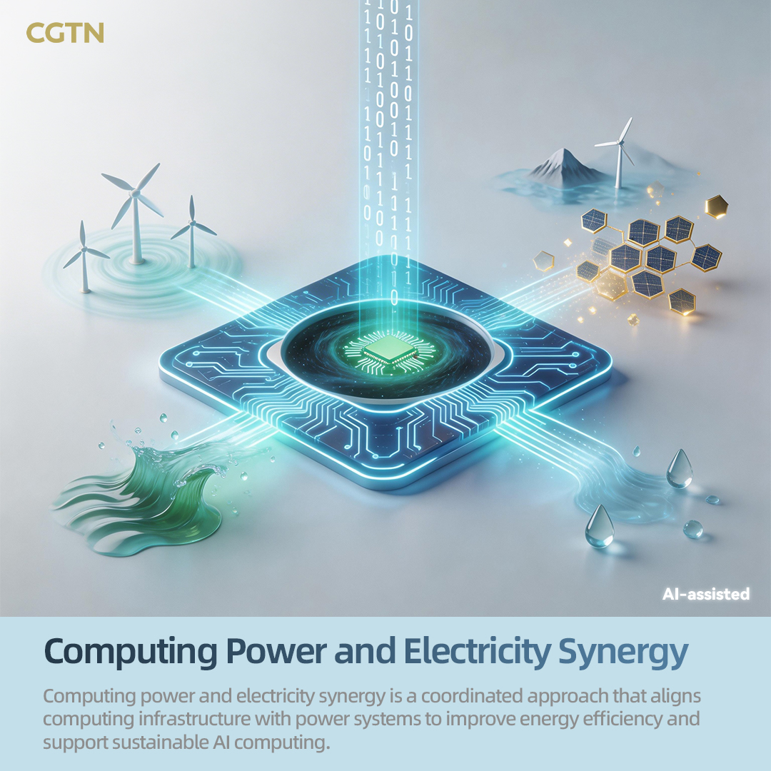 Représentation graphique générée par l'IA de la synergie entre la puissance de calcul et l'électricité. /CGTN