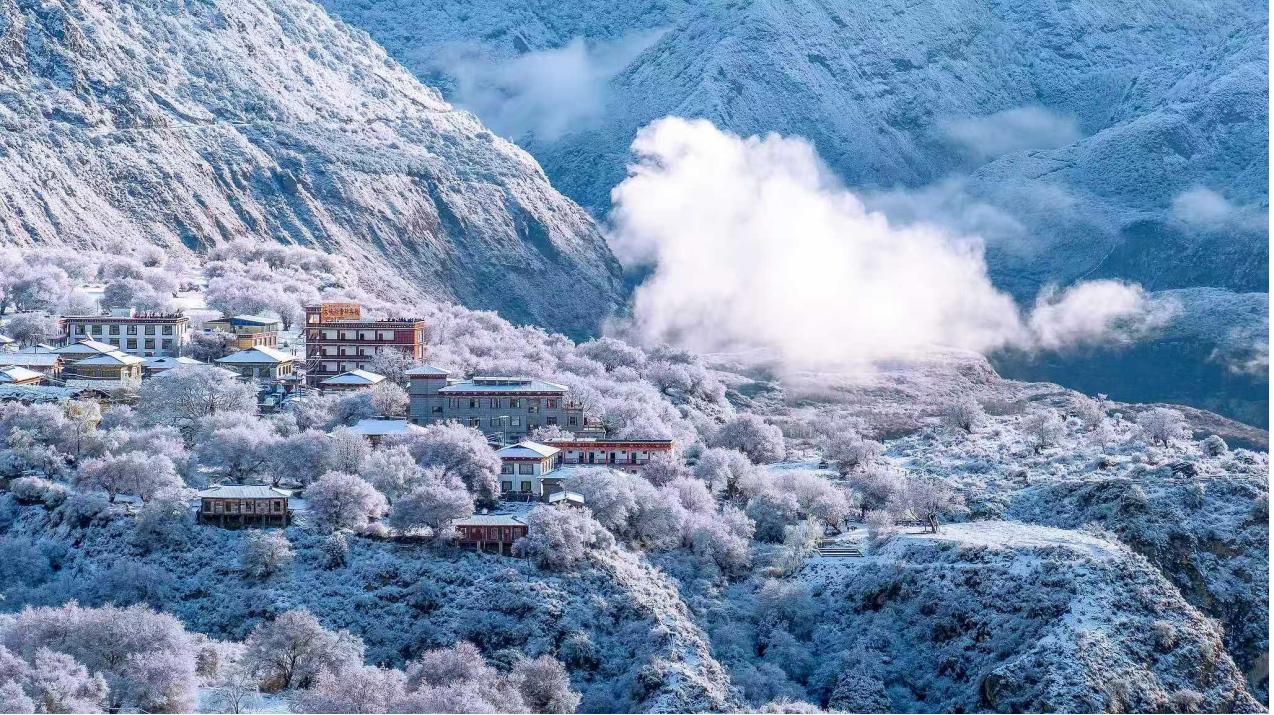 La neige printanière recouvre les fleurs de pêcher à Suosong, dans la province de Nyingchi, dans la région autonome de Xizang, dans le sud-ouest de la Chine. /VCG