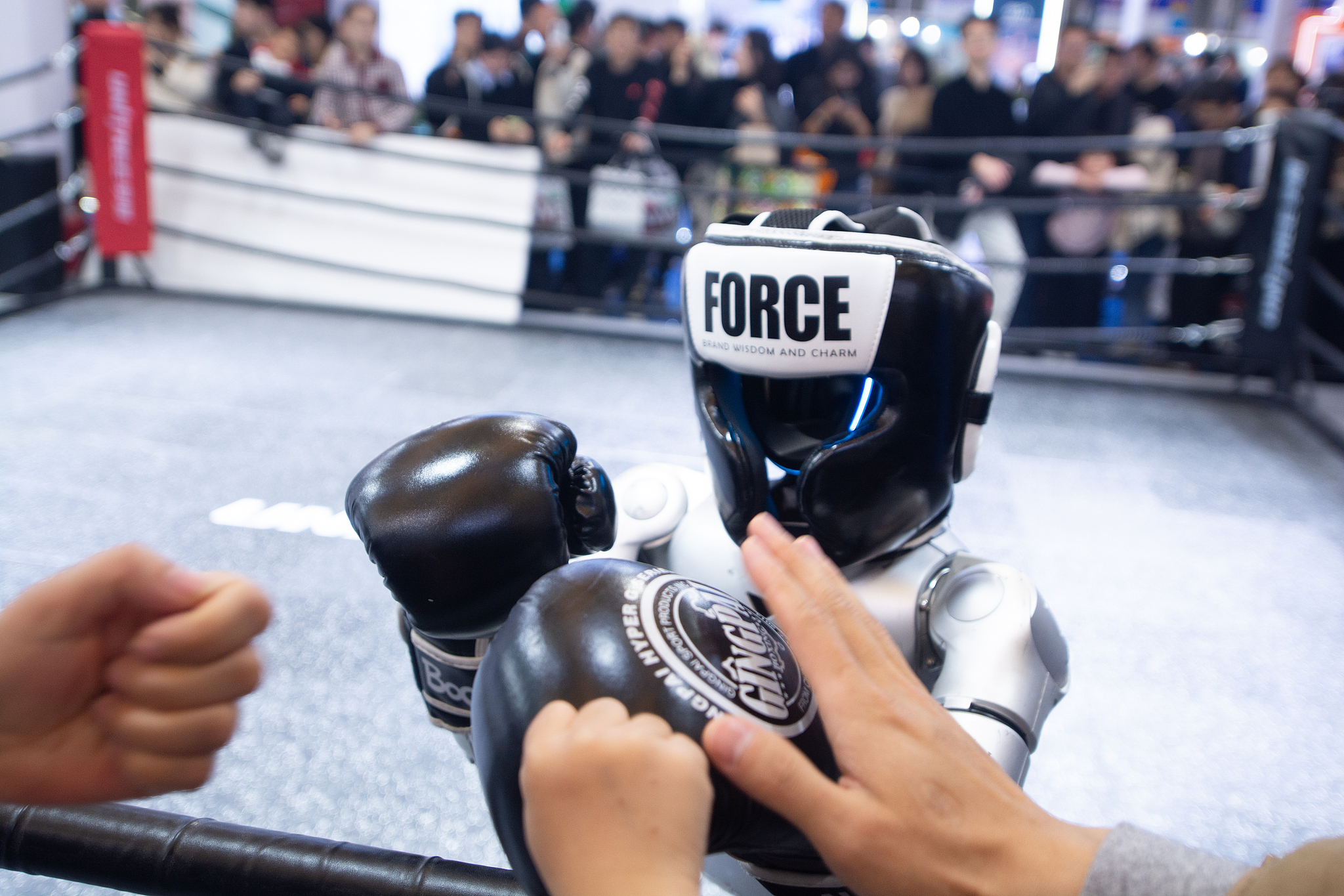 Des robots de boxe effectuent un match de boxe sur le stand Unitree lors de la deuxième journée du salon AWE 2026 au SNIEC à Shanghai, en Chine, le 13 mars 2026. /VCG
