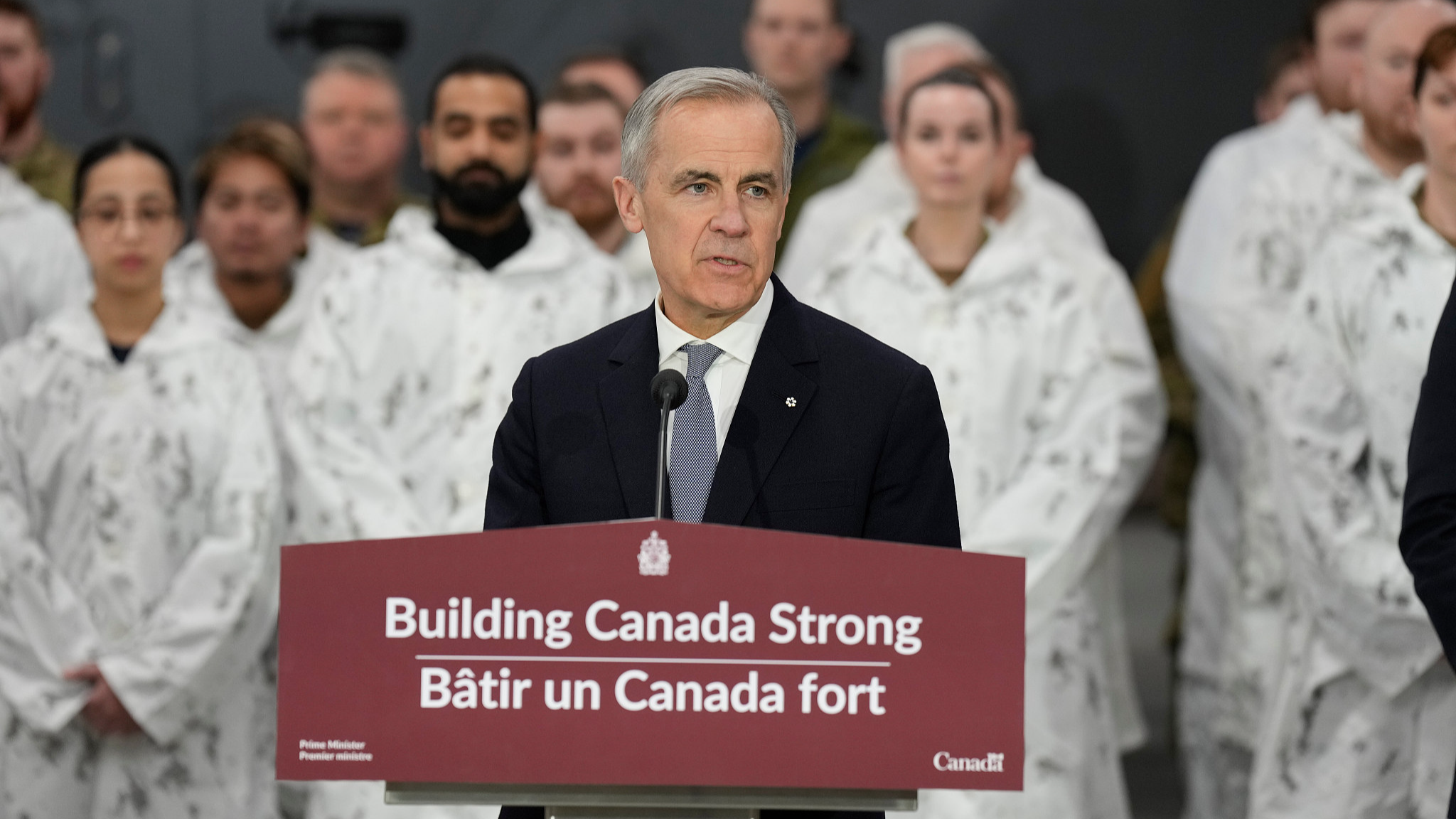 Le Premier ministre canadien Mark Carney s'exprime lors d'une annonce visant à défendre et à transformer les régions du Nord et de l'Arctique du Canada à Yellowknife, dans les Territoires du Nord-Ouest, au Canada, le 12 mars 2026. /VCG