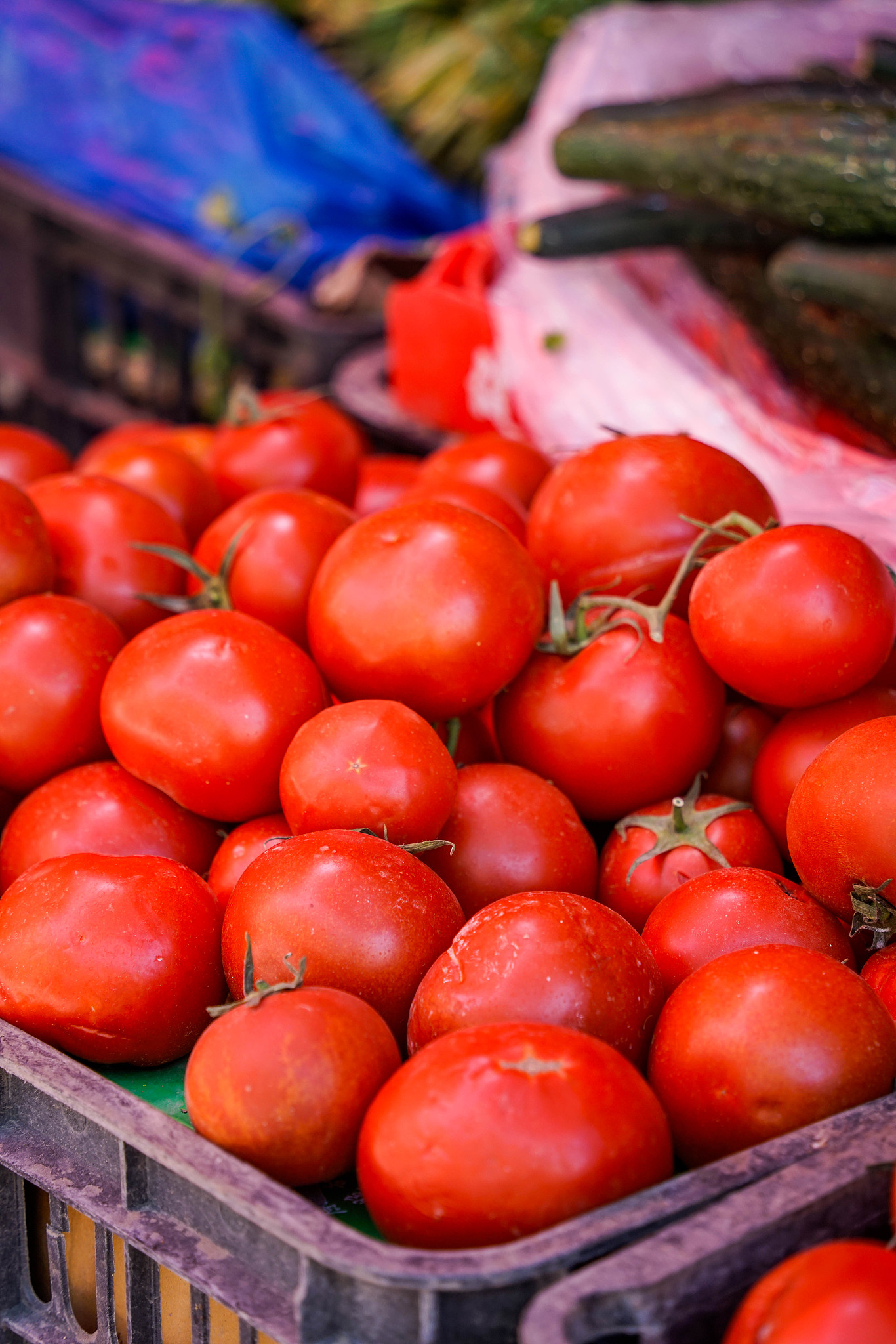 Tomates sur le marché de la préfecture de Kashi, région autonome ouïgoure du Xinjiang, nord-ouest de la Chine. /VCG