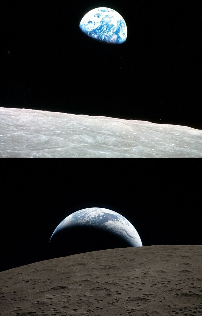 Une image montrant le lever de la Terre au-dessus de la Lune prise la veille de Noël 1968 depuis Apollo 8 (en haut) et une image montrant la Terre alors qu'elle plonge au-delà de l'horizon lunaire, également connue sous le nom de 