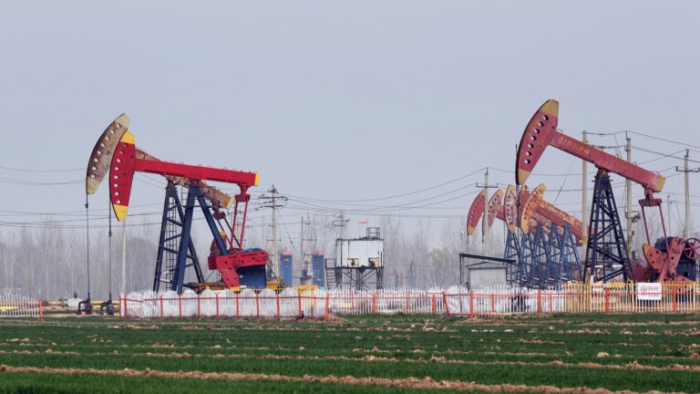 Des unités de pompage sont en fonctionnement dans un champ pétrolifère près de la ville de Dezhou, dans la province du Shandong (est de la Chine), le 23 mars 2026. /VCG