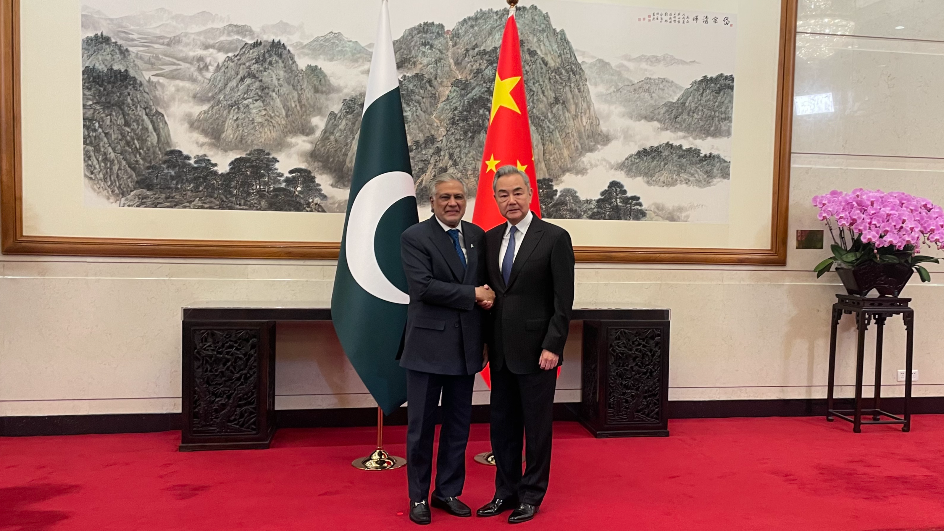 Le ministre chinois des Affaires étrangères Wang Yi (à droite), également membre du Bureau politique du Comité central du Parti communiste chinois, rencontre le vice-Premier ministre pakistanais et ministre des Affaires étrangères Mohammad Ishaq Dar à Pékin, en Chine, le 31 mars 2026. /CGTN