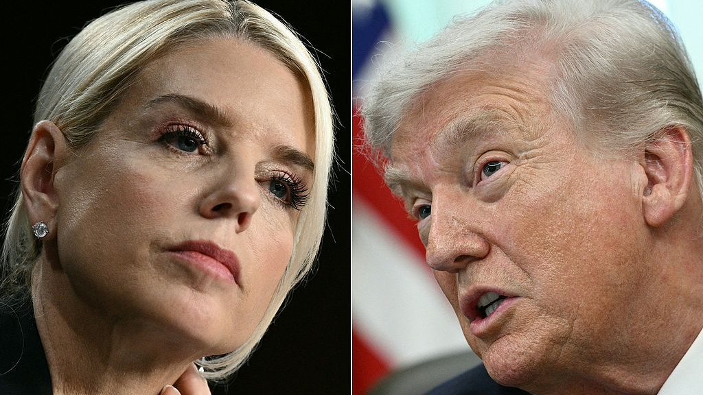 Une combinaison de photos créées le 2 avril 2026 montre la procureure générale des États-Unis, Pam Bondi, à Washington, DC, le 7 octobre 2025, et le président américain Donald Trump, à Washington, DC, le 31 mars 2026. /VCG