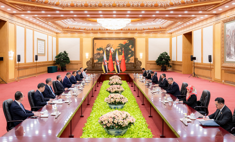 Le président chinois Xi Jinping rencontre le prince héritier et ministre principal au Bureau du Premier ministre du Brunei Darussalam, Haji Al-Muhtadee Billah, au Grand Palais du Peuple à Pékin, le 12 mai 2026. /Xinhua
