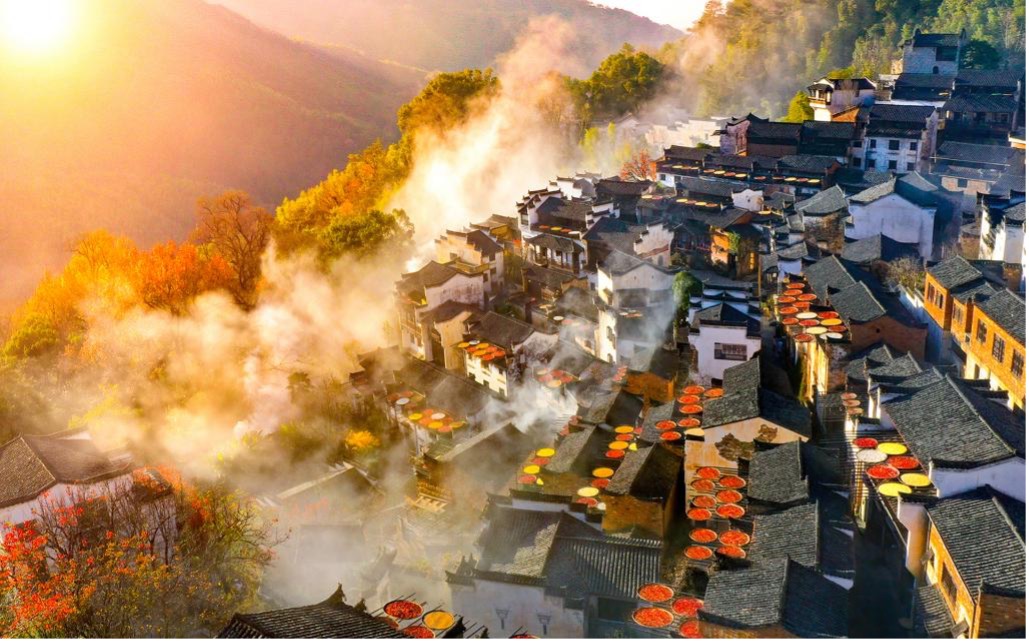 Où d’autre les agriculteurs accrochent-ils leurs récoltes sur les falaises ? Uniquement à Wuyuan, où l'automne s'anime sur les toits. /VCG