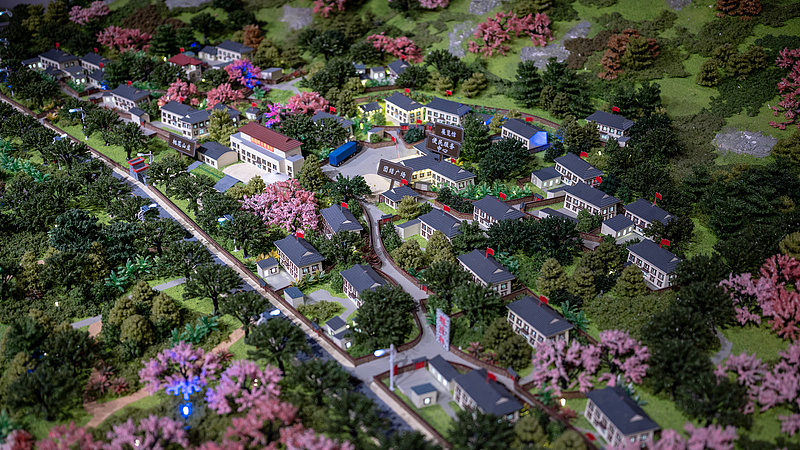 Un modèle miniature du village de Galai pendant la saison des fleurs de pêcher exposé dans la salle d'exposition du village de Galai de la ville de Nyingchi, dans la région autonome de Xizang (sud-ouest de la Chine), le 9 mai 2026. /VCG