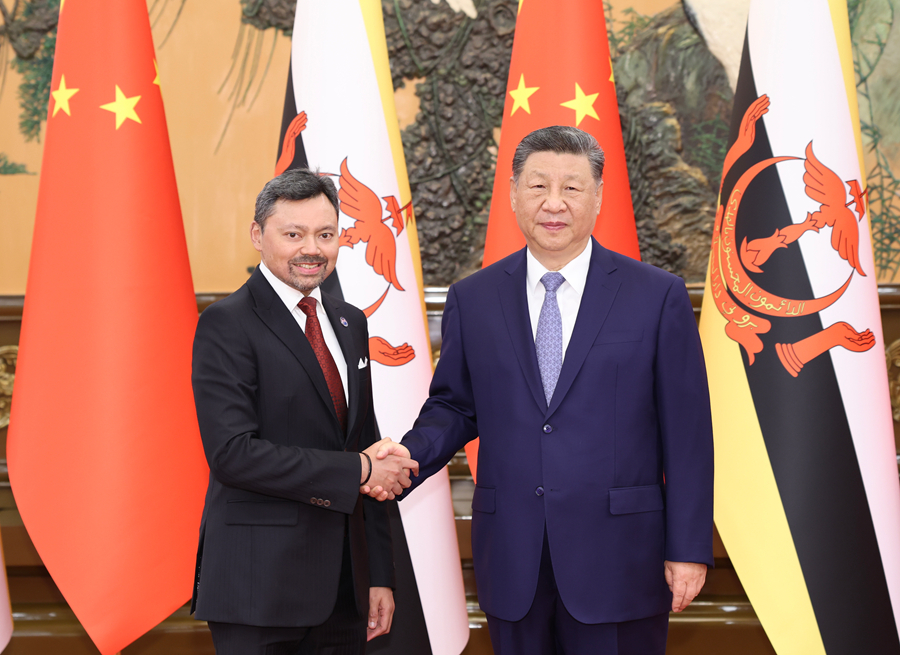 Le président chinois Xi Jinping rencontre le prince héritier et ministre principal au Bureau du Premier ministre du Brunei Darussalam, Haji Al-Muhtadee Billah, au Grand Palais du Peuple à Pékin, le 12 mai 2026. /Xinhua