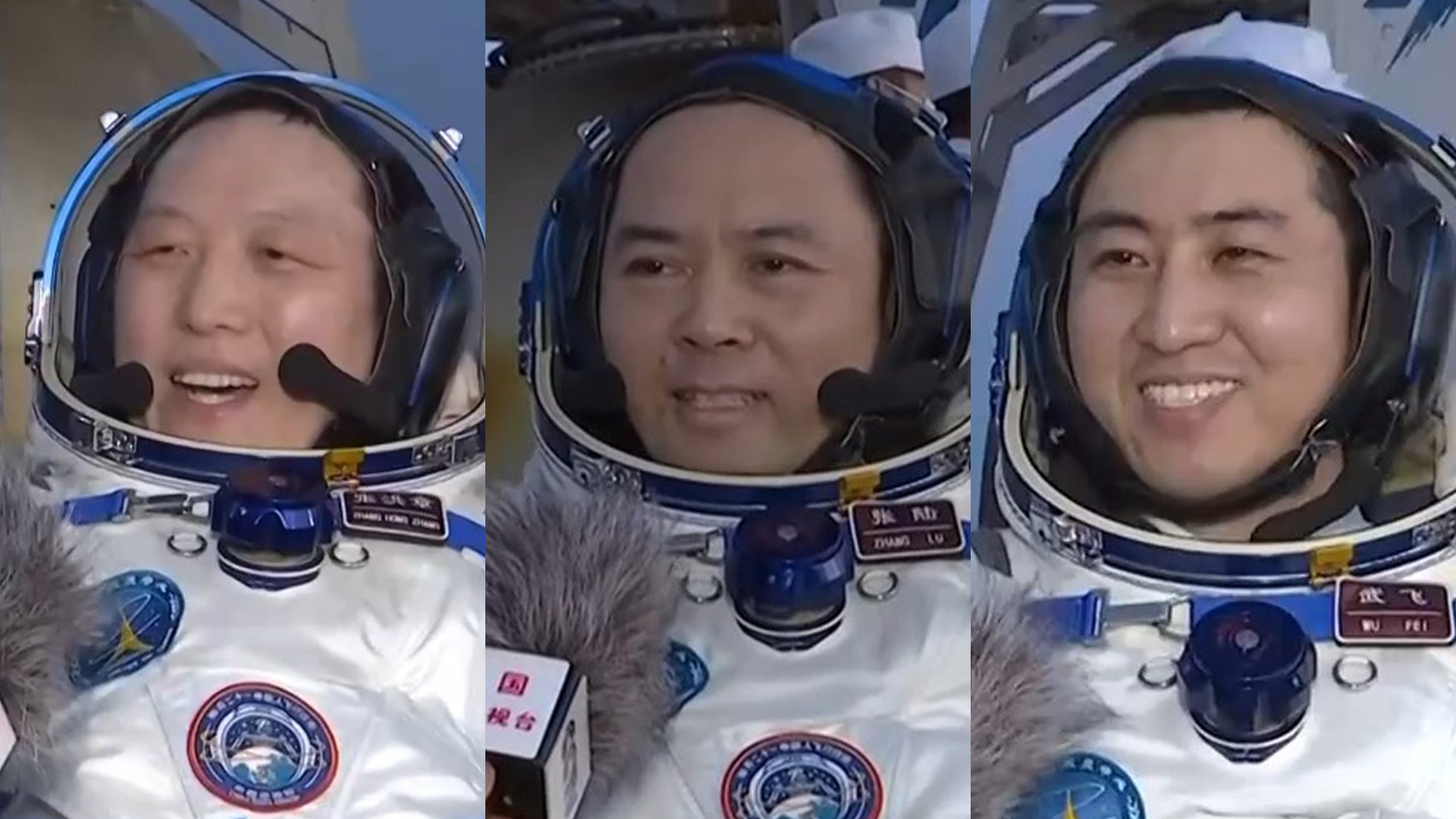 Une photo combinée montre les trois astronautes de Shenzhou-21 – (de gauche à droite) Zhang Hongzhang, Zhang Lu et Wu Fei – discutant avec des journalistes après être sortis de la capsule de retour, site d'atterrissage de Dongfeng, région autonome de Mongolie intérieure (nord de la Chine), le 29 mai 2026. /CMG