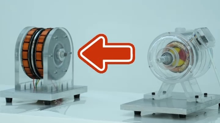 Modèles d'un moteur à flux axial (à gauche) et d'un moteur à flux radial (à droite). /CMG