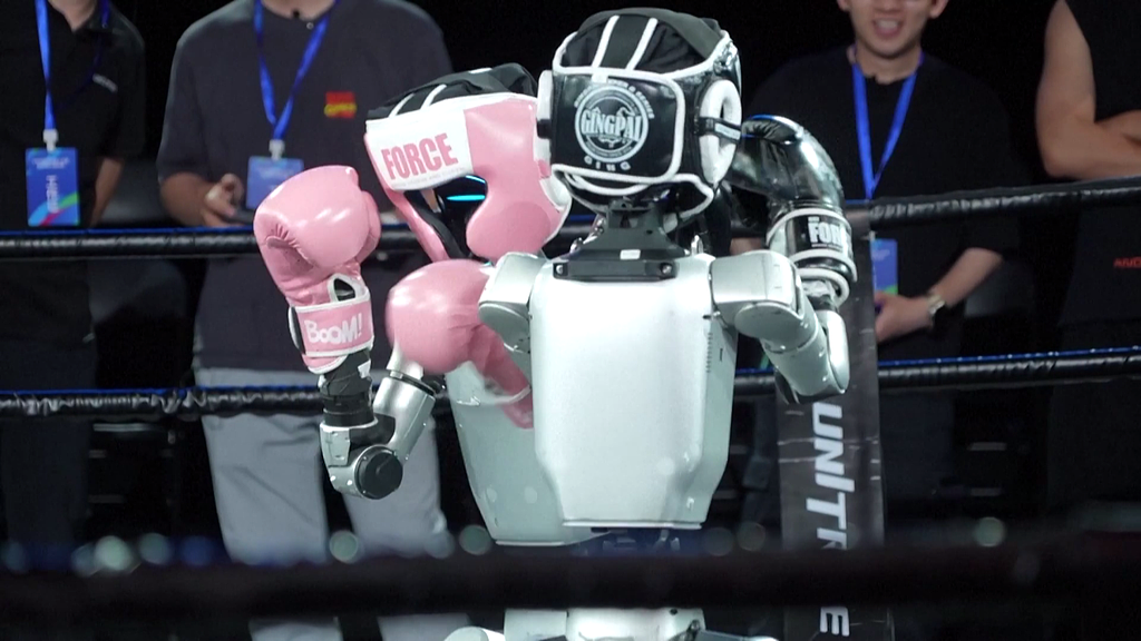 Les robots humanoïdes se préparent pour la compétition de combat, à Hangzhou, dans la province du Zhejiang (est de la Chine), le 23 mai 2025. /VCG