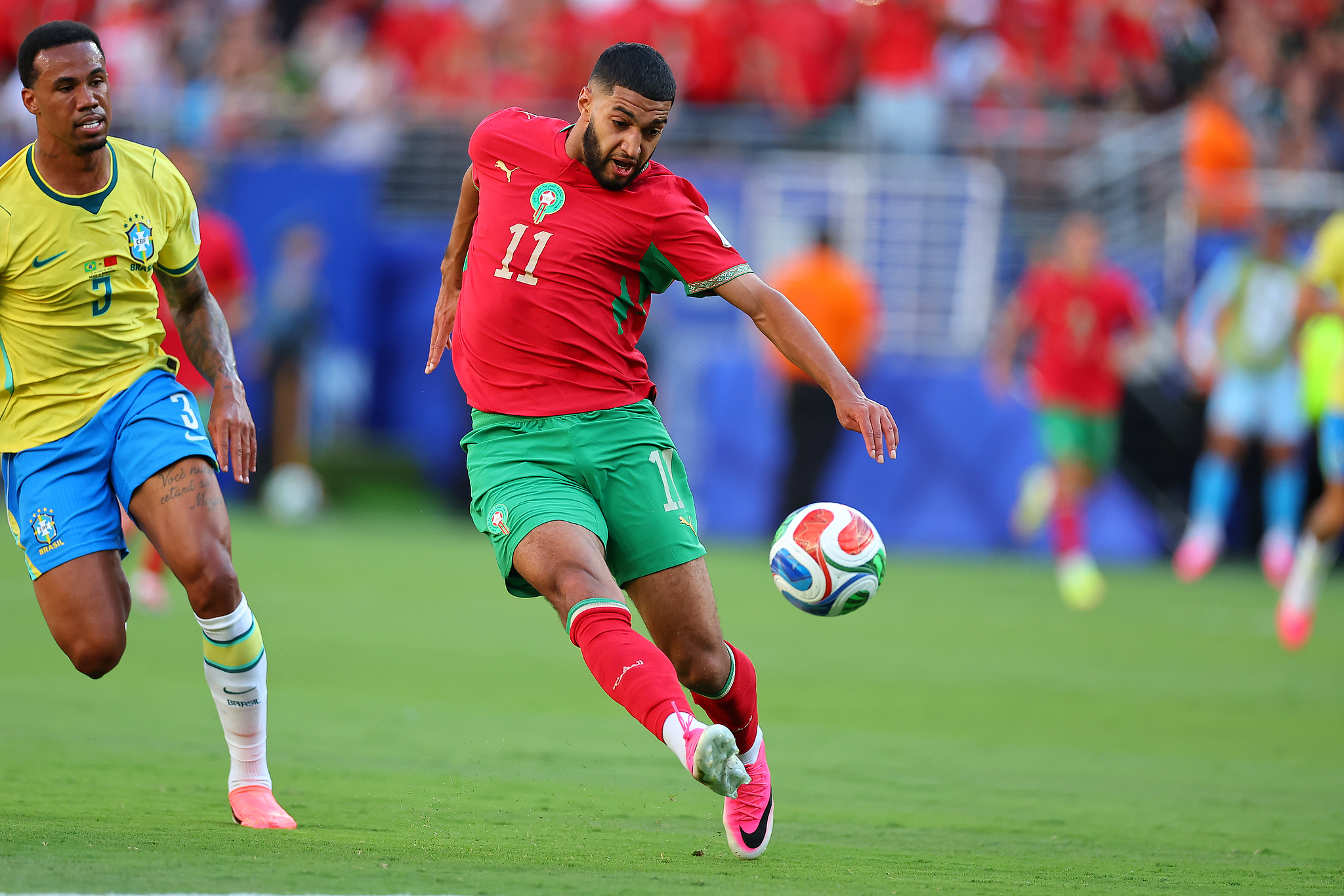 Ismael Saibari (#11) du Maroc tire pour marquer un but lors du match du groupe C contre le Brésil lors de la Coupe du Monde de la FIFA 2026 au stade MetLife à East Rutherford, New Jersey, le 13 juin 2026. /VCG