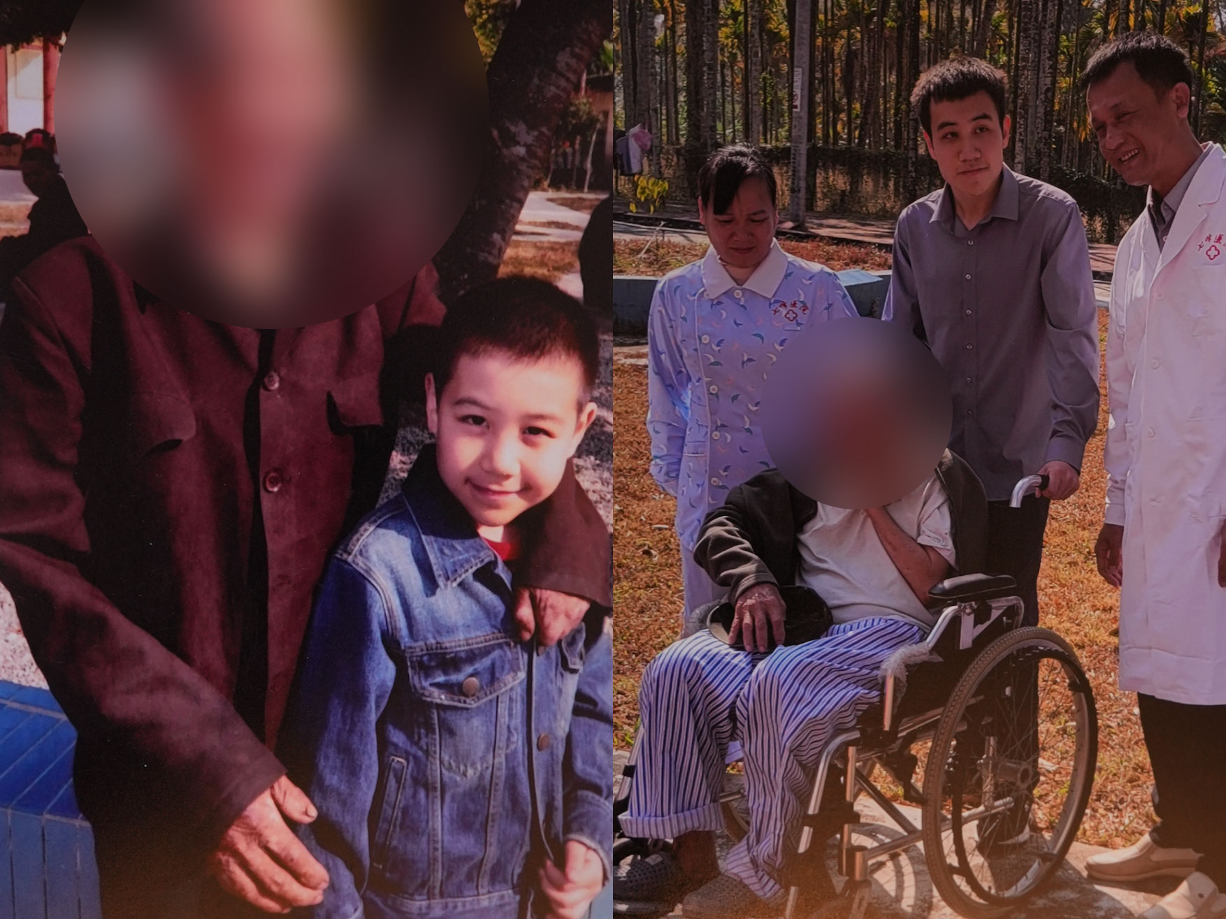 Ma Mingde, l'arrière-petit-fils du Dr Ma Haide, est impliqué dans la prévention et le traitement de la lèpre depuis son enfance. La photo de gauche montre un jeune Ma Mingde avec un lépreux, tandis que la photo de droite le montre revisitant le même patient. /Avec l'aimable autorisation de Zhou Youma