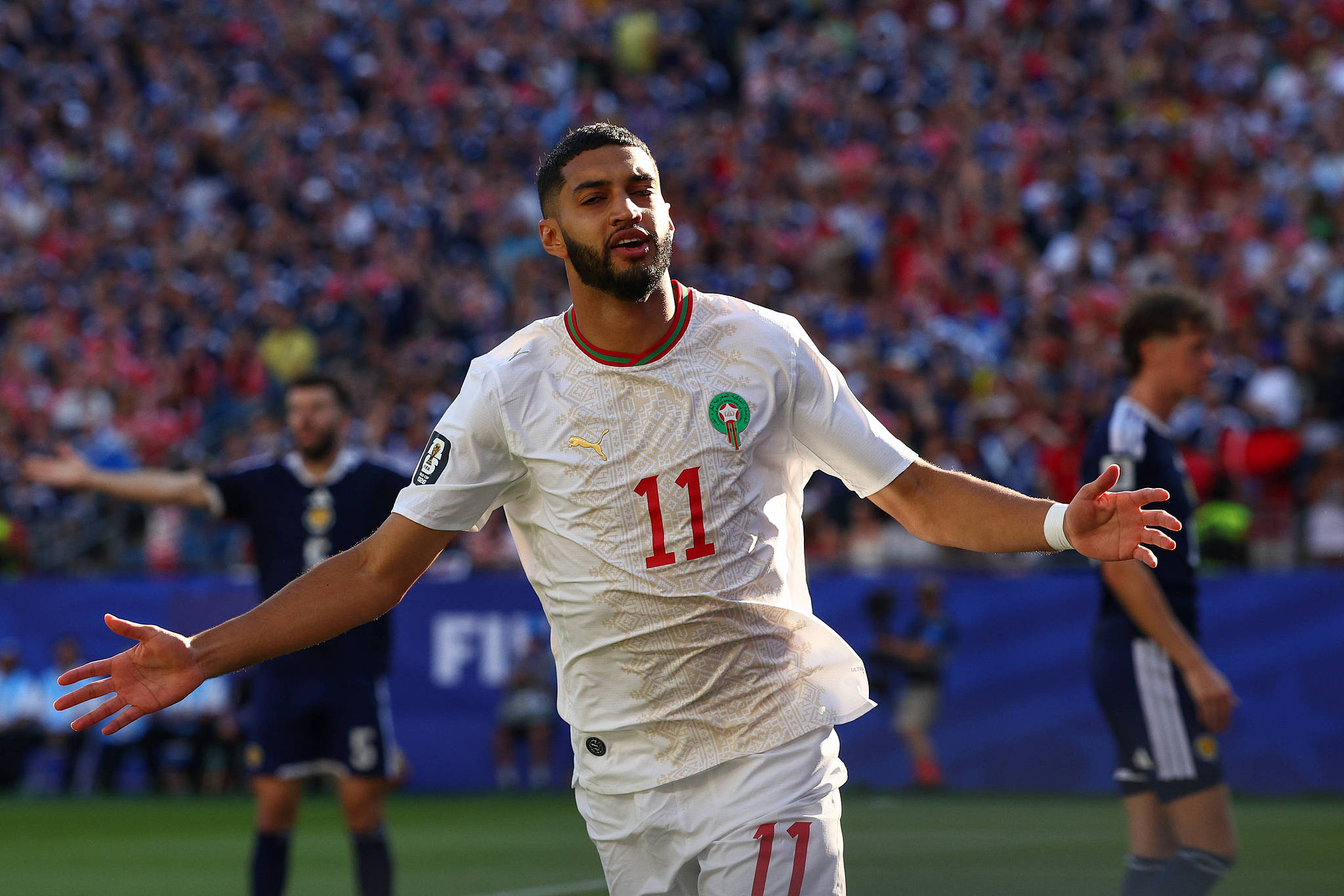 Ismael Saibari du Maroc célèbre un but lors du match du groupe C de la Coupe du monde entre l'Écosse et le Maroc au stade de Boston aux États-Unis, le 19 juin 2026. /VCG