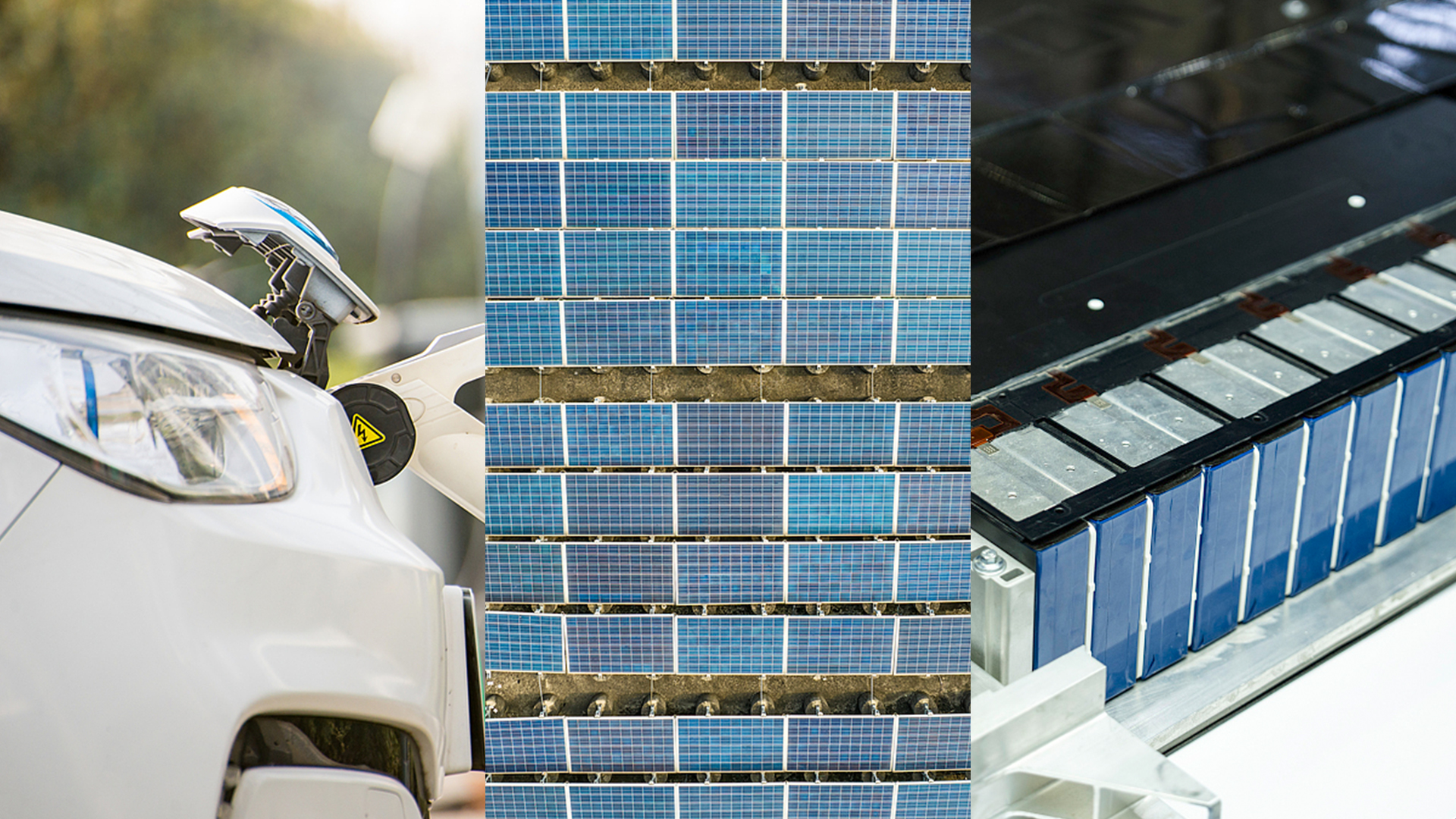 Un collage d'un véhicule électrique en charge, une vue aérienne d'une ferme photovoltaïque et de batteries dans une chaîne de production. /VCG