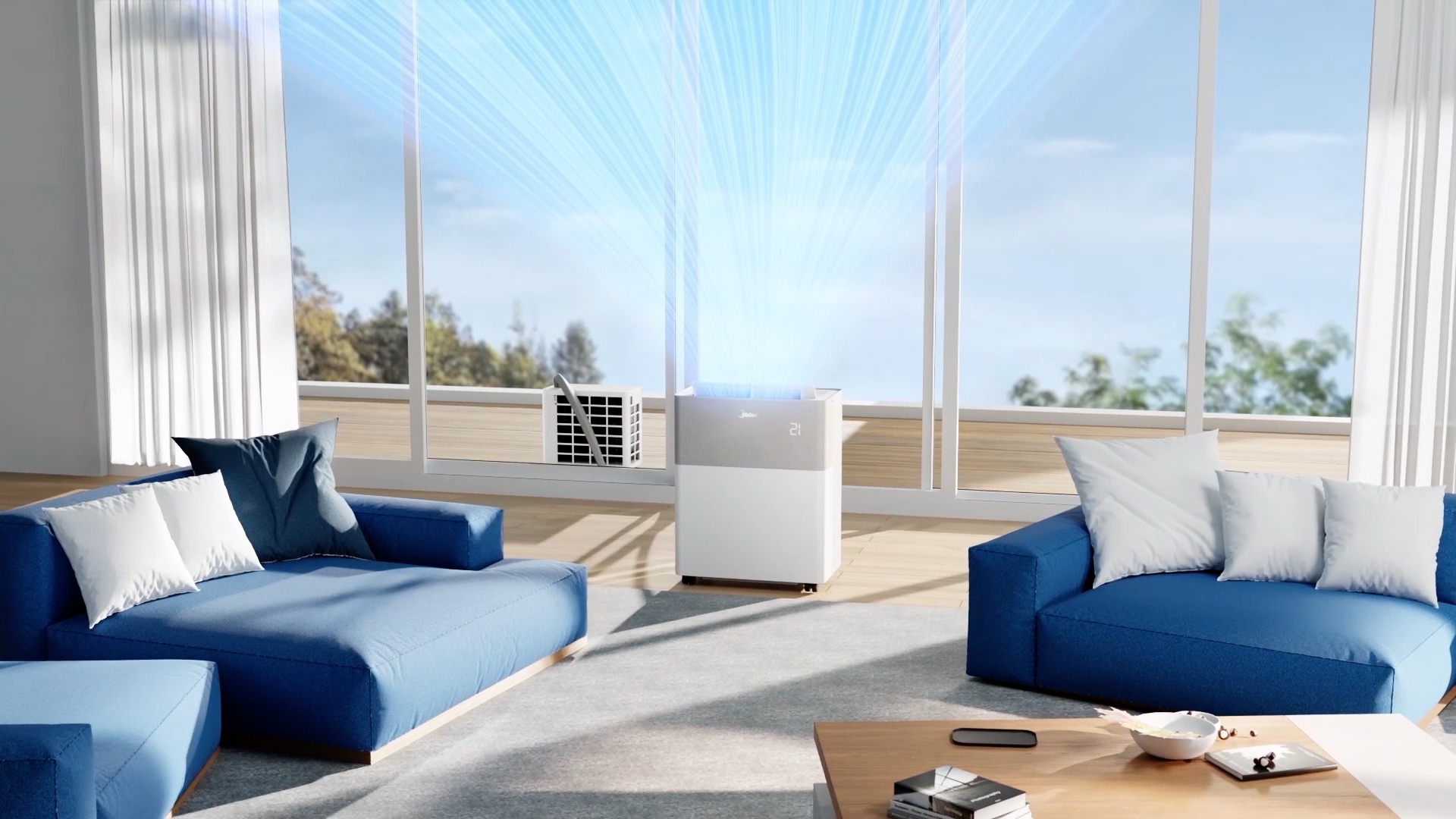 Une image animée du climatiseur split mobile. /Midée