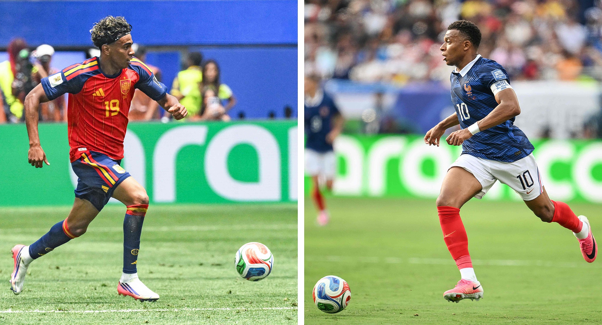 Le milieu de terrain espagnol Lamine Yamal (L) et l'attaquant français Kylian Mbappe. /VCG