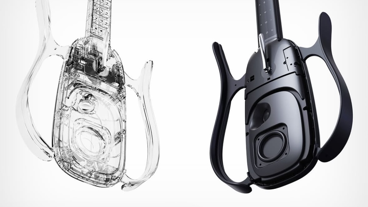 Une image conceptuelle montre RIFFMATE, une guitare intelligente sans cordes conçue avec une interface tactile. /RIFFMATE