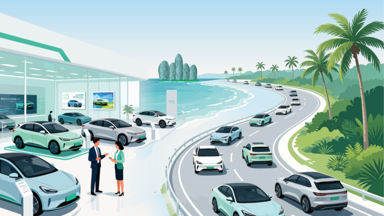 Une image graphique juxtaposant une salle d'exposition de véhicules électriques (VE) avec des véhicules électriques circulant sur une route. /VCG