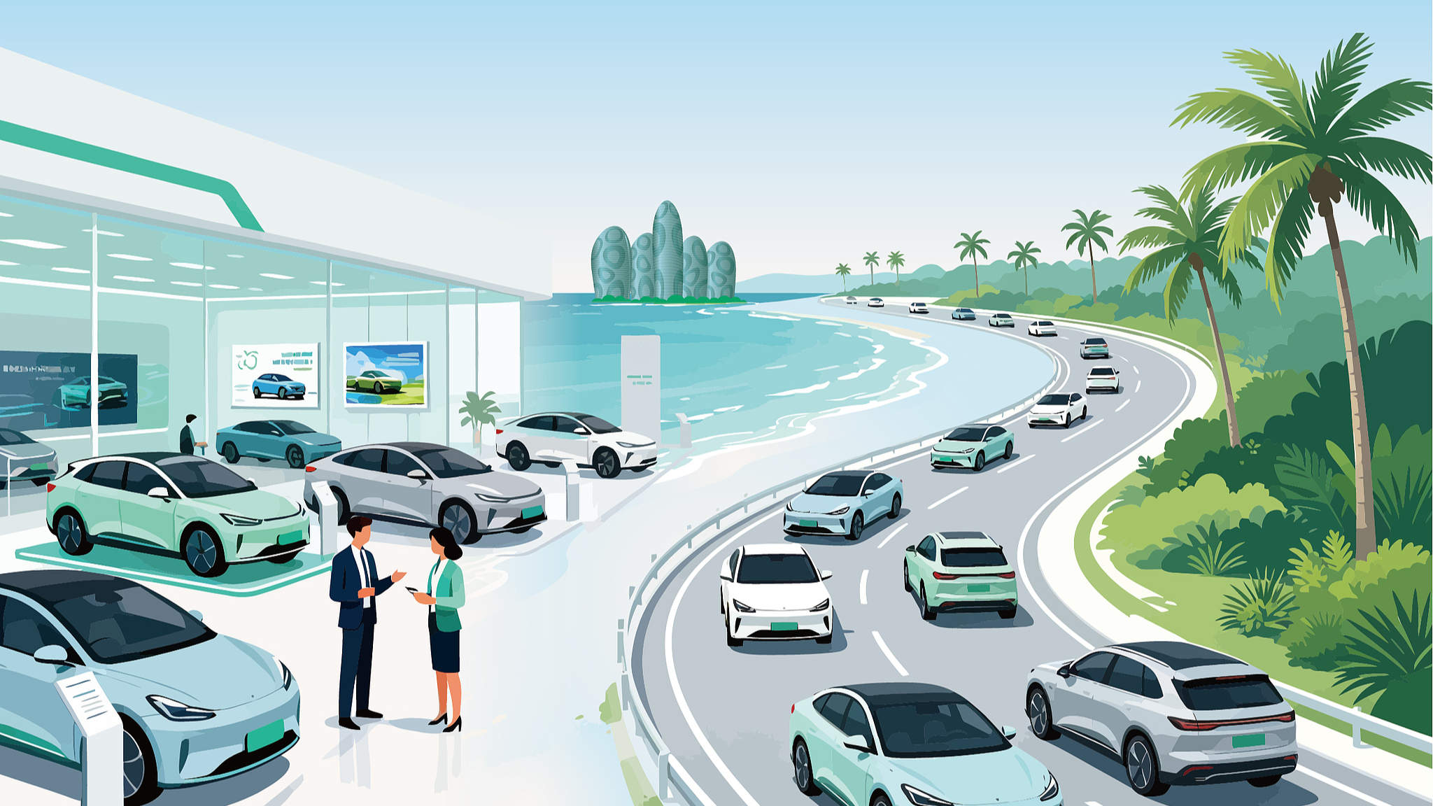 Une image graphique juxtaposant une salle d'exposition de véhicules électriques (VE) avec des véhicules électriques circulant sur une route. /VCG