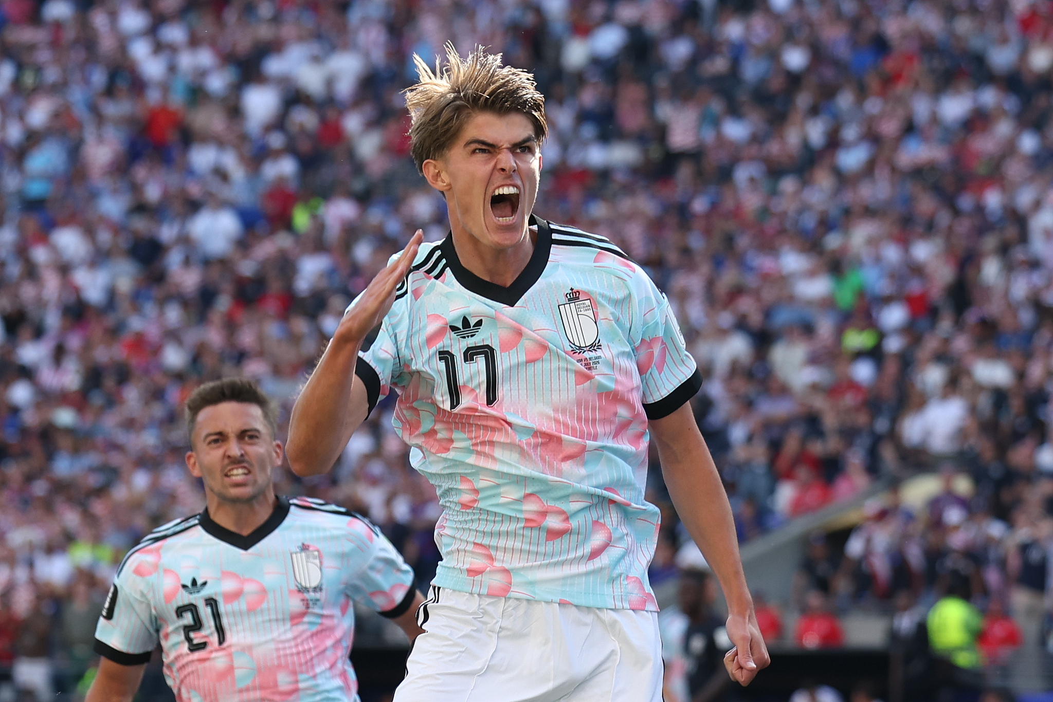 Le Belge Charles De Ketelaere célèbre après avoir marqué le premier but de son équipe lors des huitièmes de finale de la Coupe du monde entre les États-Unis et la Belgique à Seattle, États-Unis, le 6 juillet 2026. /VCG