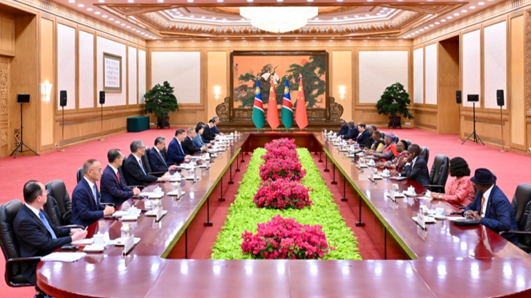 Le président chinois Xi Jinping s'entretient avec le président namibien Netumbo Nandi-Ndaitwah, en visite d'État en Chine, au Grand Palais du Peuple à Pékin, capitale chinoise, le 10 juillet 2026. /Xinhua