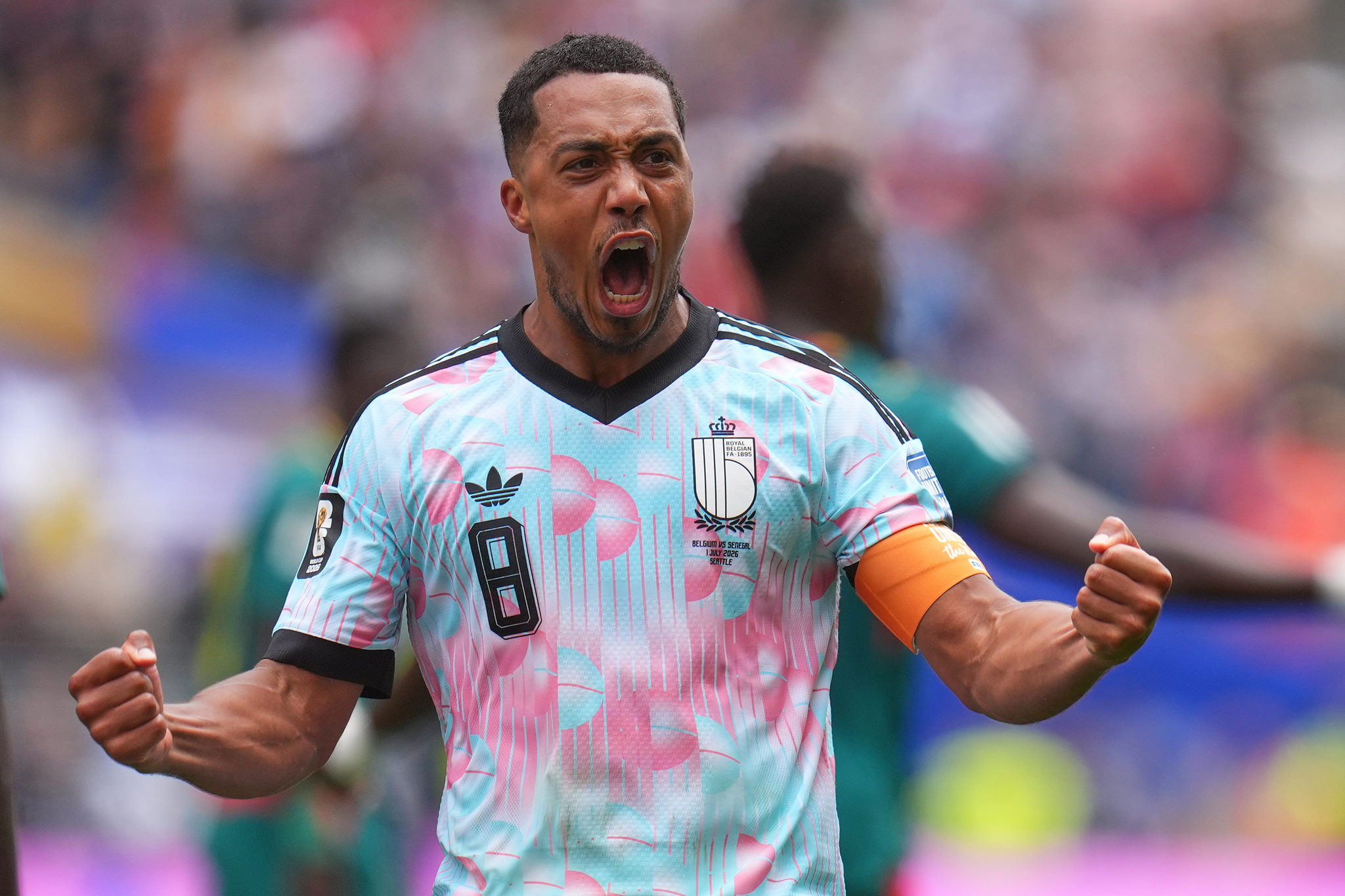 Le milieu de terrain belge Youri Tielemans célèbre après avoir marqué contre le Sénégal lors des seizièmes de finale de la Coupe du Monde de la FIFA 2026 à Seattle, le 1er juillet 2026. /VCG