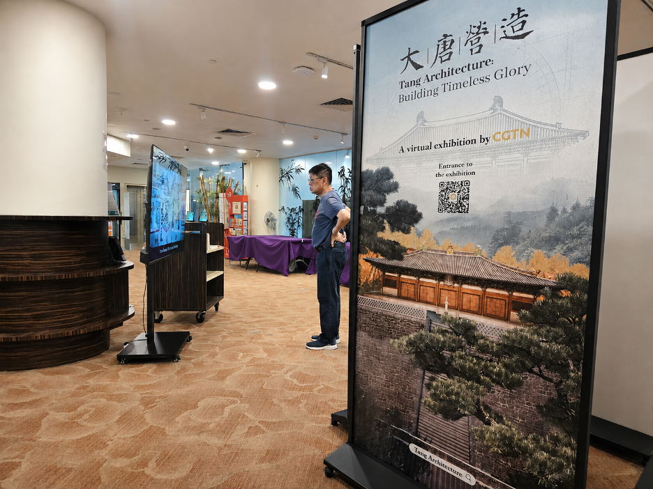 Un visiteur regarde l'un des films numériques de CGTN à côté d'une bannière d'exposition CGTN Art Series à la bibliothèque de Chinatown. /CGTN