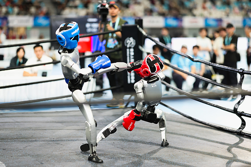 Des robots humanoïdes se battent lors d'un match de kickboxing lors des 2e Jeux mondiaux des robots humanoïdes au National Speed ​​Skating Oval de Pékin, en Chine, en août 2026. /VCG