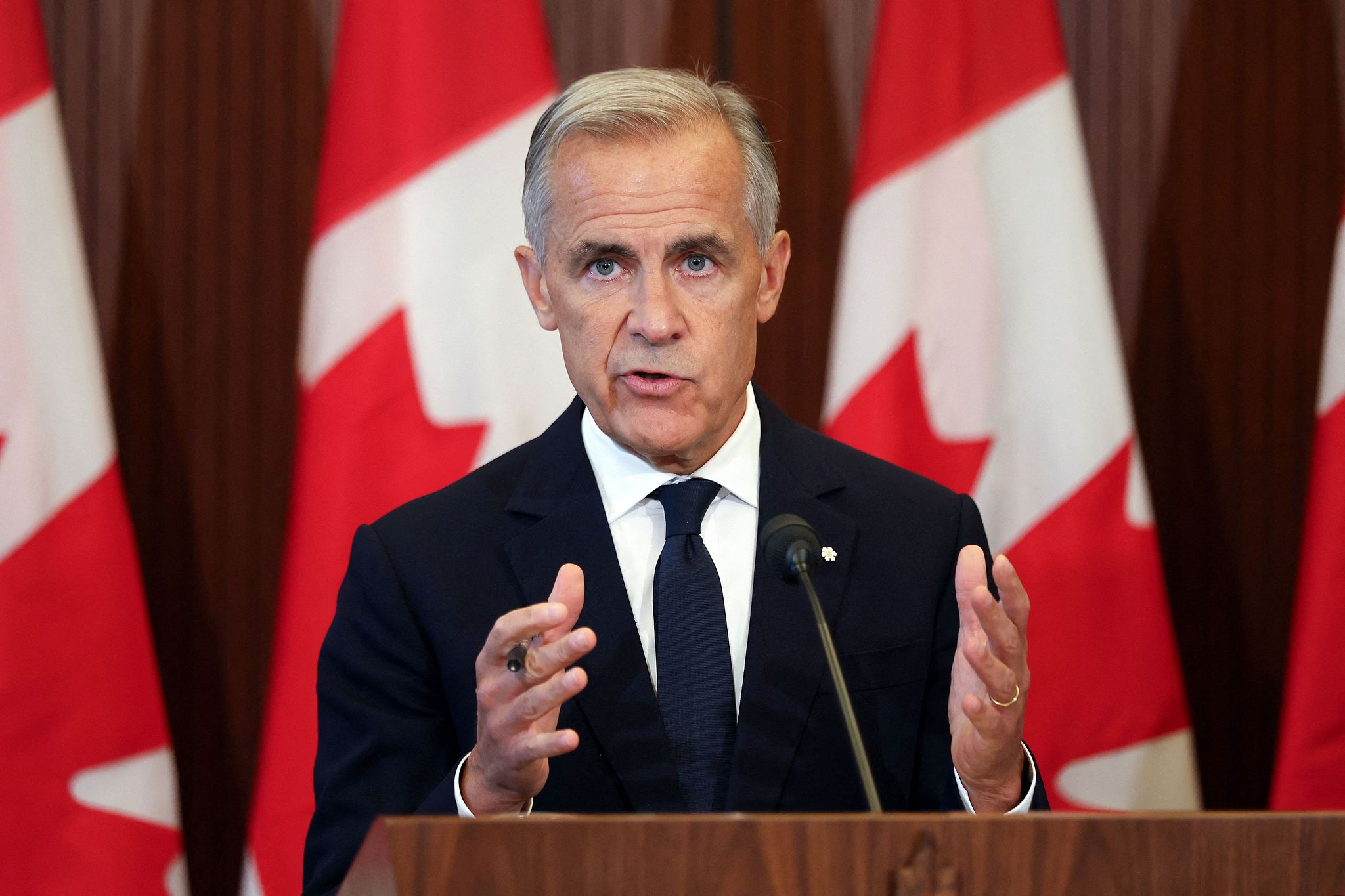 Le Premier ministre canadien Mark Carney s'exprime lors d'une conférence de presse après l'échec des négociations commerciales avec les États-Unis à Ottawa, Ontario, le 22 août 2026. /VCG