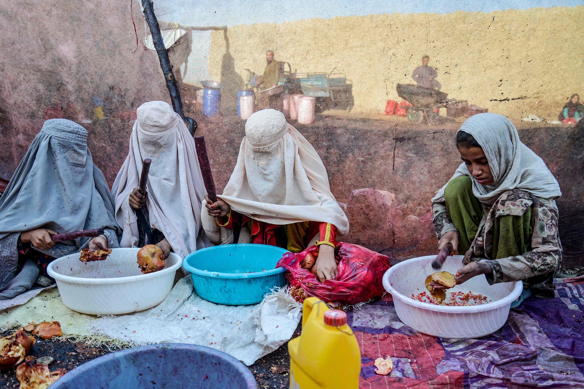 Des femmes trient des graines de grenade pour les faire sécher au soleil à Arghandab, un district de la province de Kandahar, en Afghanistan, le 22 septembre 2025. /CFP