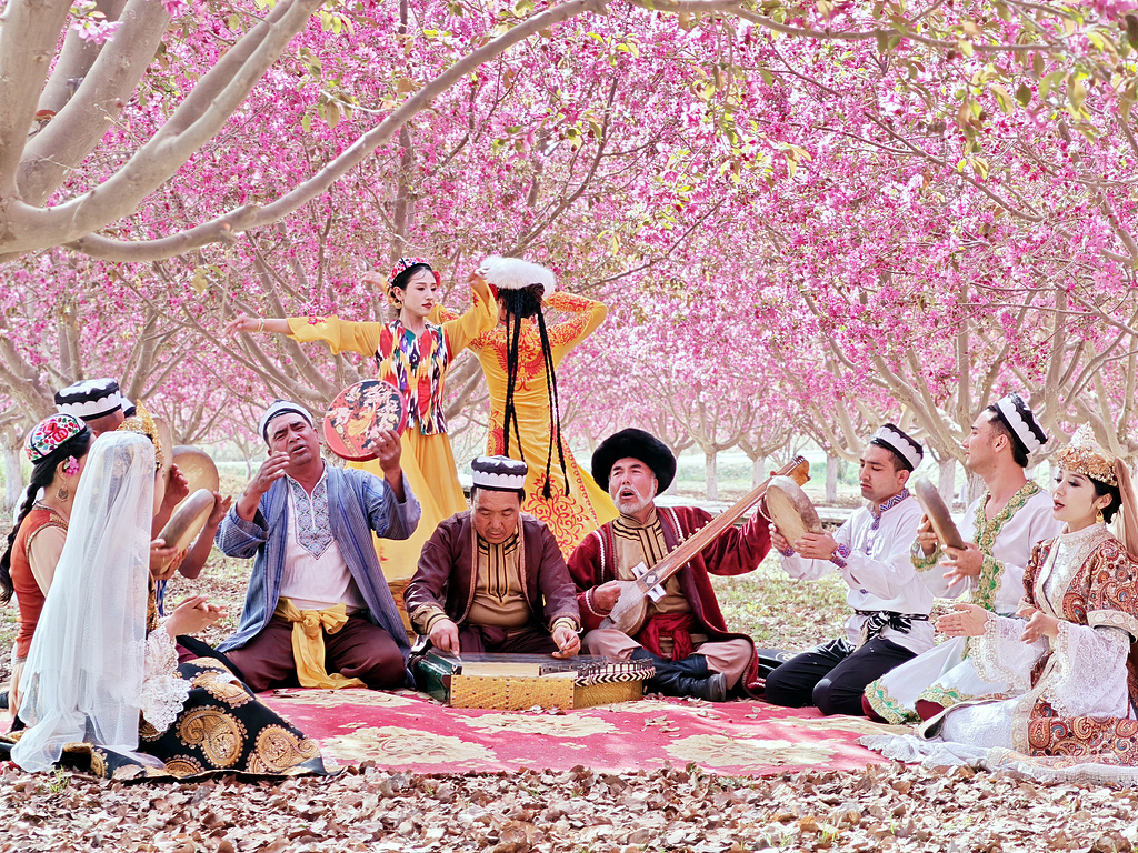 Un groupe de musiciens d'Aksu interprète le Muqam, une forme d'art traditionnelle du Xinjiang qui combine musique et conte, à Aksu, Xinjiang. /VCG