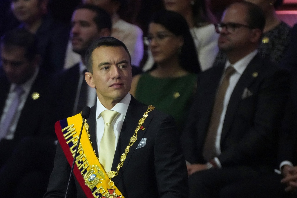 Le président équatorien Daniel Noboa prononce son discours sur l'état de la nation à l'Assemblée nationale à Quito, en Équateur, le 24 mai 2026. /VCG