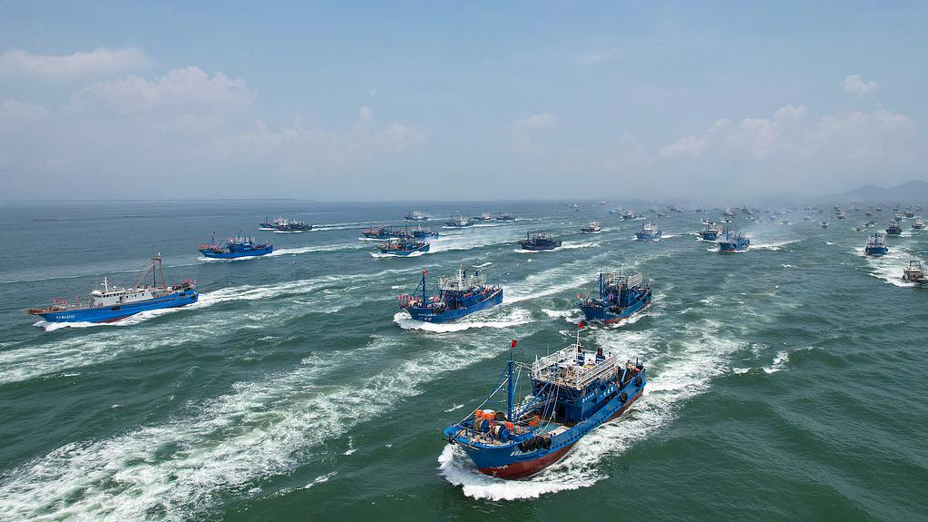 Des bateaux de pêche quittent les ports de la ville de Yangjiang, dans la province du Guangdong (sud de la Chine), le 16 août 2026. /VCG