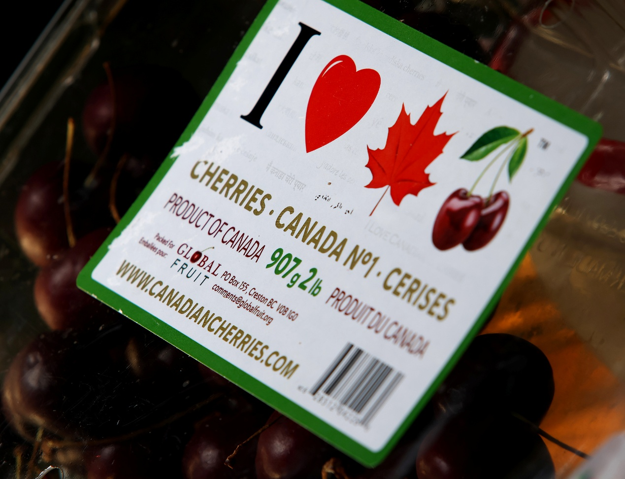 Un paquet de cerises portant une étiquette canadienne est exposé à Brampton, Ontario, Canada, le 30 août 2026. /VCG