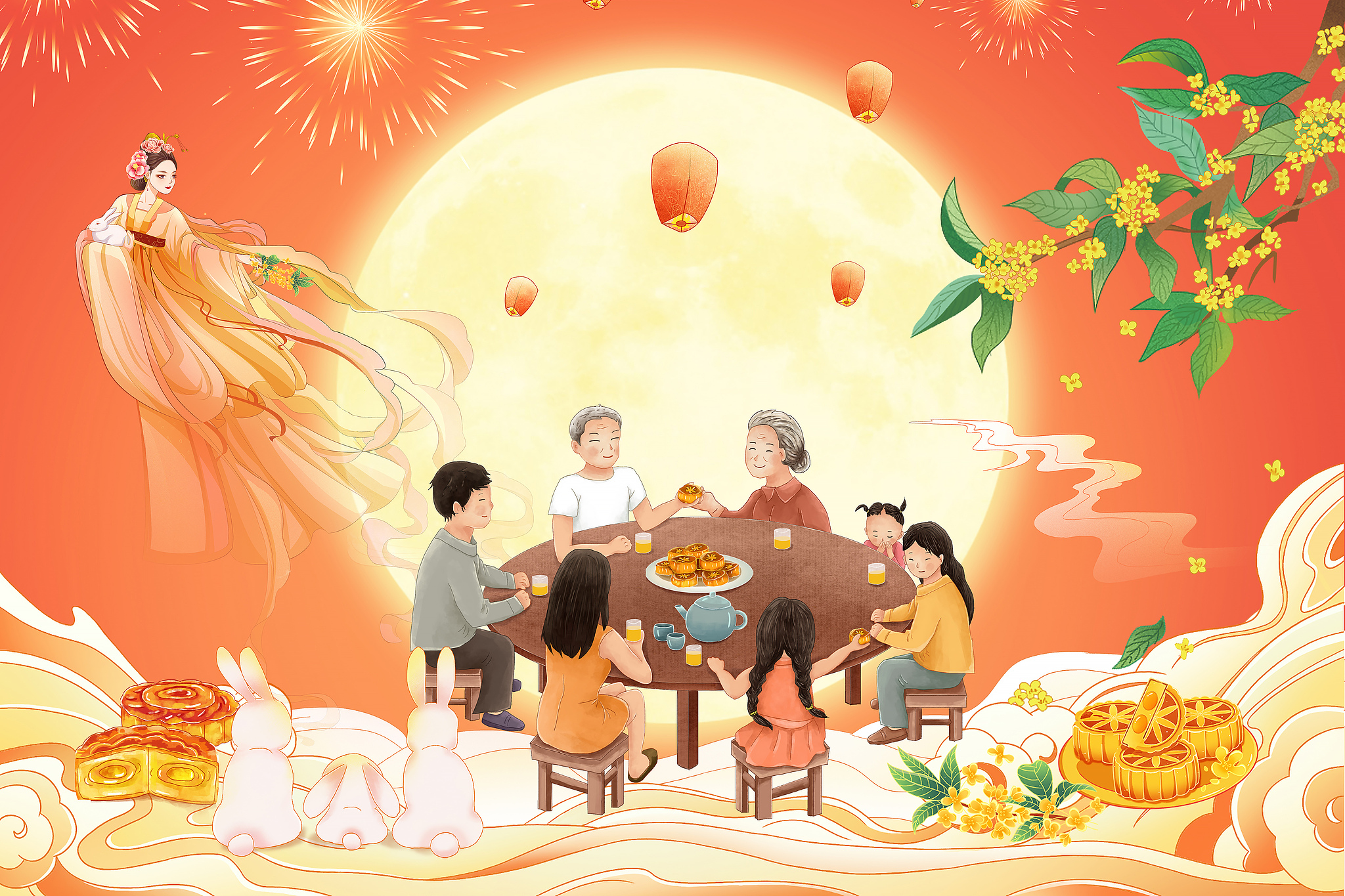 Une illustration de la fête de la mi-automne où les familles se réunissent, les lanternes sont allumées et les gâteaux de lune sont coupés en quartiers et partagés. /VCG