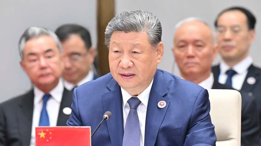 Le président chinois Xi Jinping prononce un discours lors de la 26e réunion du Conseil des chefs d'État des États membres de l'OCS, à Bichkek, capitale du Kirghizistan, le 1er septembre 2026. /Xinhua