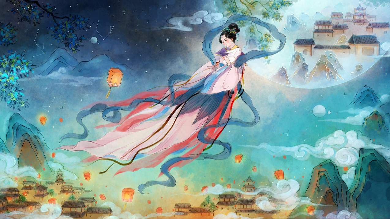 Une illustration représentant la légende de Chang'e, avec la lune et le palais de Guanghan en toile de fond. /VCG