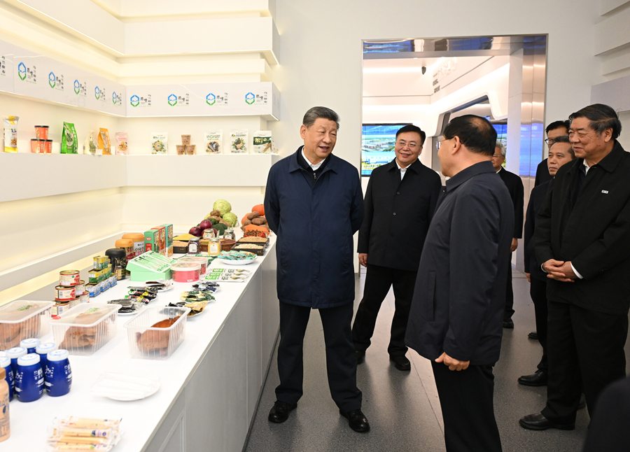 Le président chinois Xi Jinping regarde des expositions de spécialités agricoles et d'élevage locales lors d'une visite dans la zone de développement de haute technologie de Chahar à Ulanqab, dans la région autonome de Mongolie intérieure (nord de la Chine), le 16 octobre 2026. /Xinhua