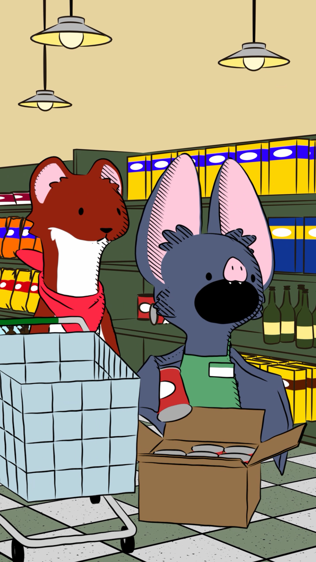 Un personnage chauve-souris travaillant dans une épicerie utilise l'écholocation pour trouver des marchandises. /Shorts habitat naturel