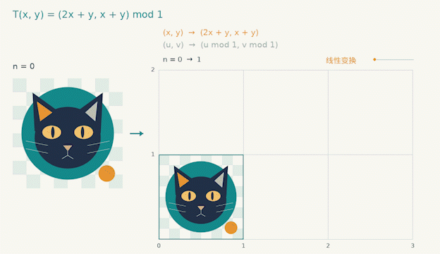 L'animation générée par ordinateur montre l'étirement de la carte du chat d'Arnold, un exemple classique des systèmes chaotiques d'Anosov au cœur de la conjecture 3D de Ghys. /CMG